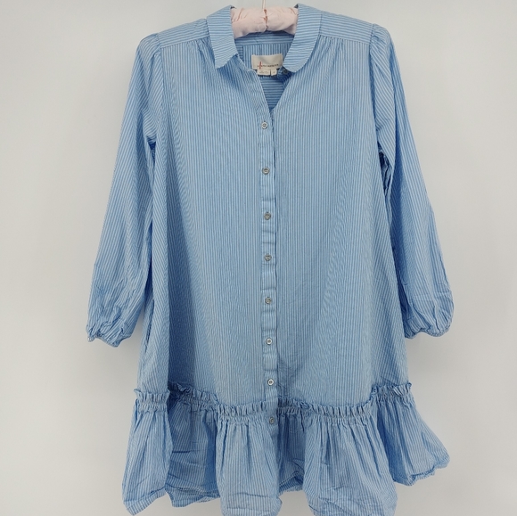 ANTHROPOLOGIE Blue Striped Shirtdress Size M Ruffle Hem Button Up Balloon Sleeve - Picture 4 of 11